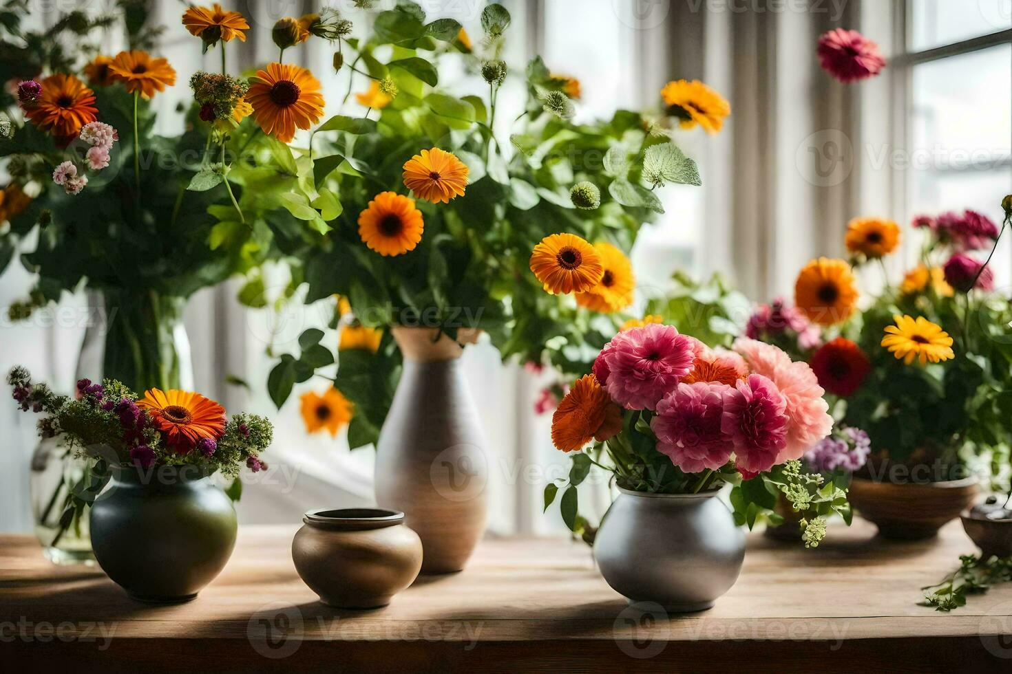 flowers in vases on a table. AI-Generated photo