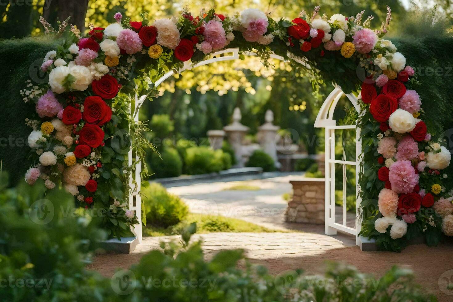 an archway with flowers and greenery. AI-Generated photo