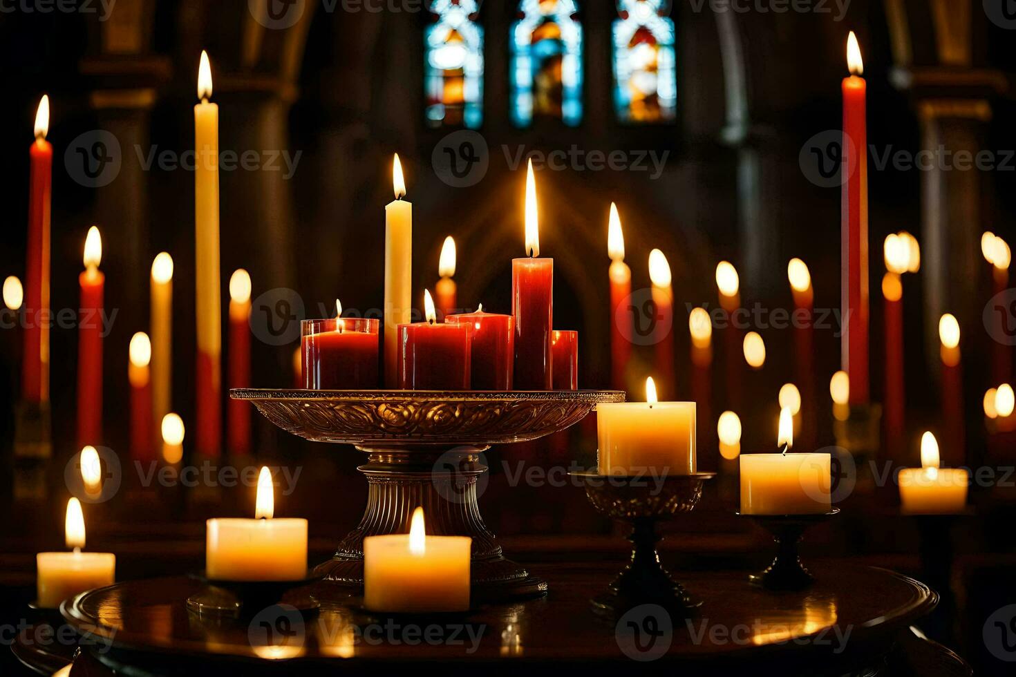 candles are lit in a church with candles. AI-Generated photo