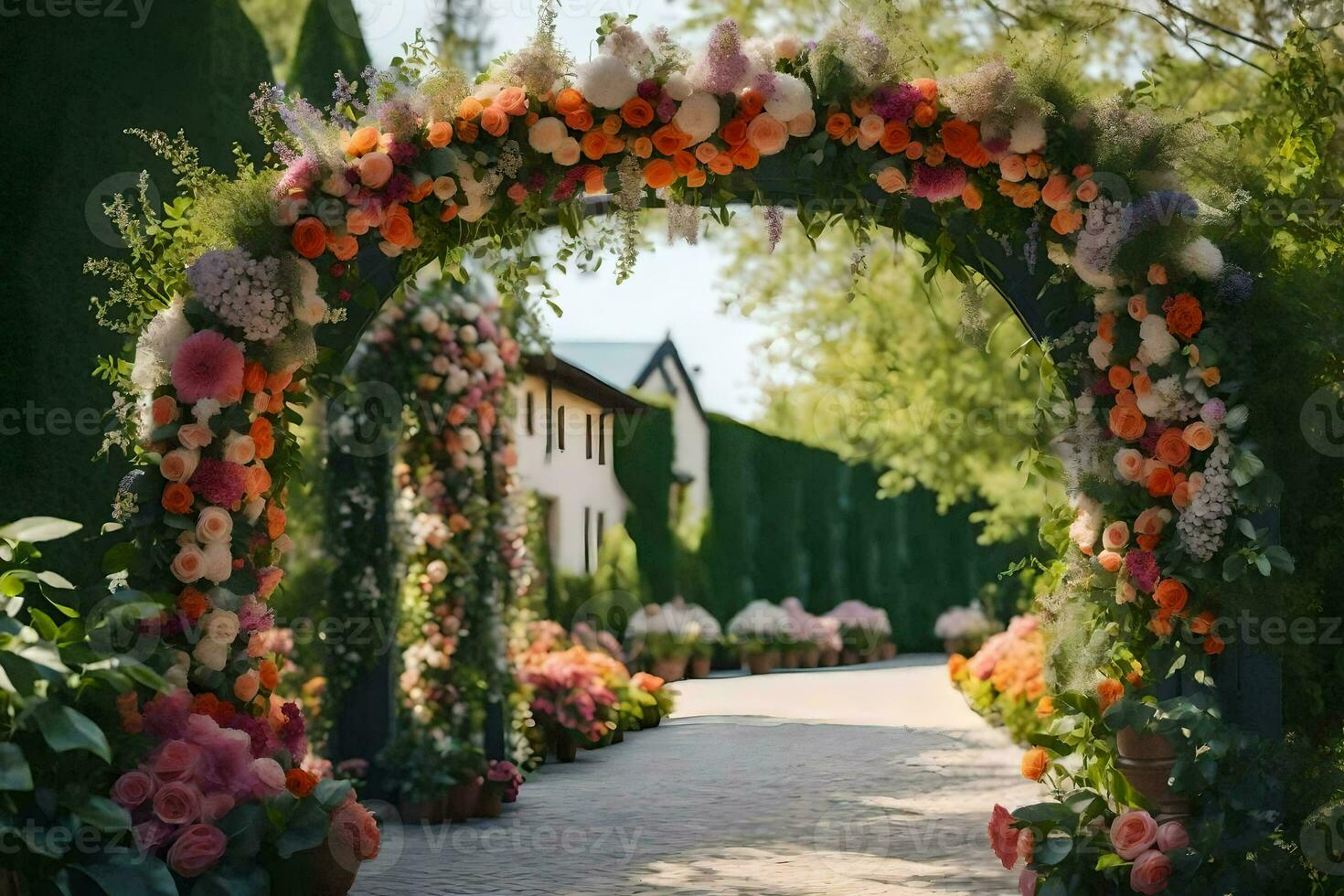 an archway with flowers and greenery. AI-Generated photo