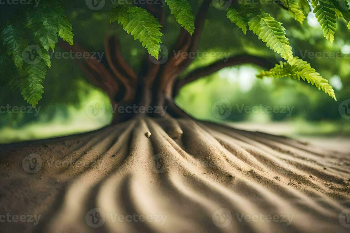 a tree with roots in the sand. AI-Generated photo