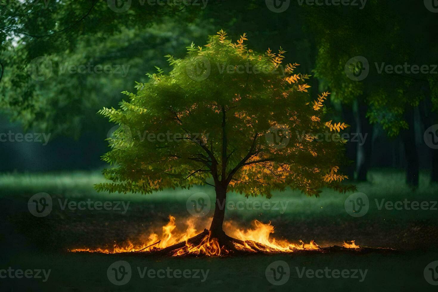 a tree with flames coming out of it in the middle of a forest. AI-Generated photo