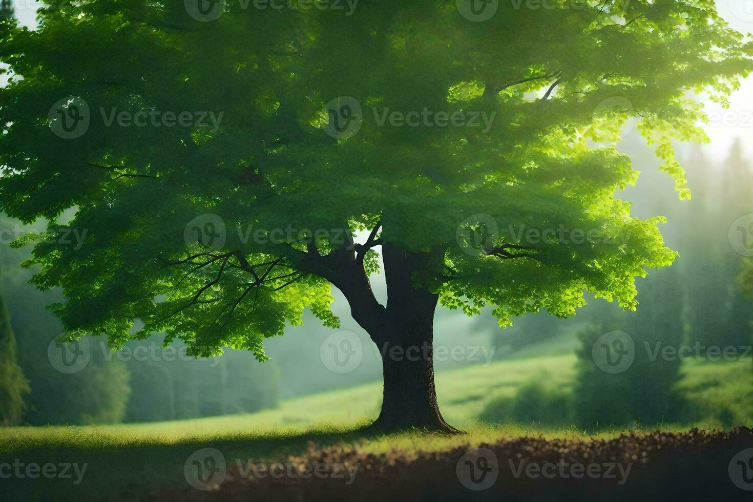 a tree is standing in the middle of a field. AI-Generated photo