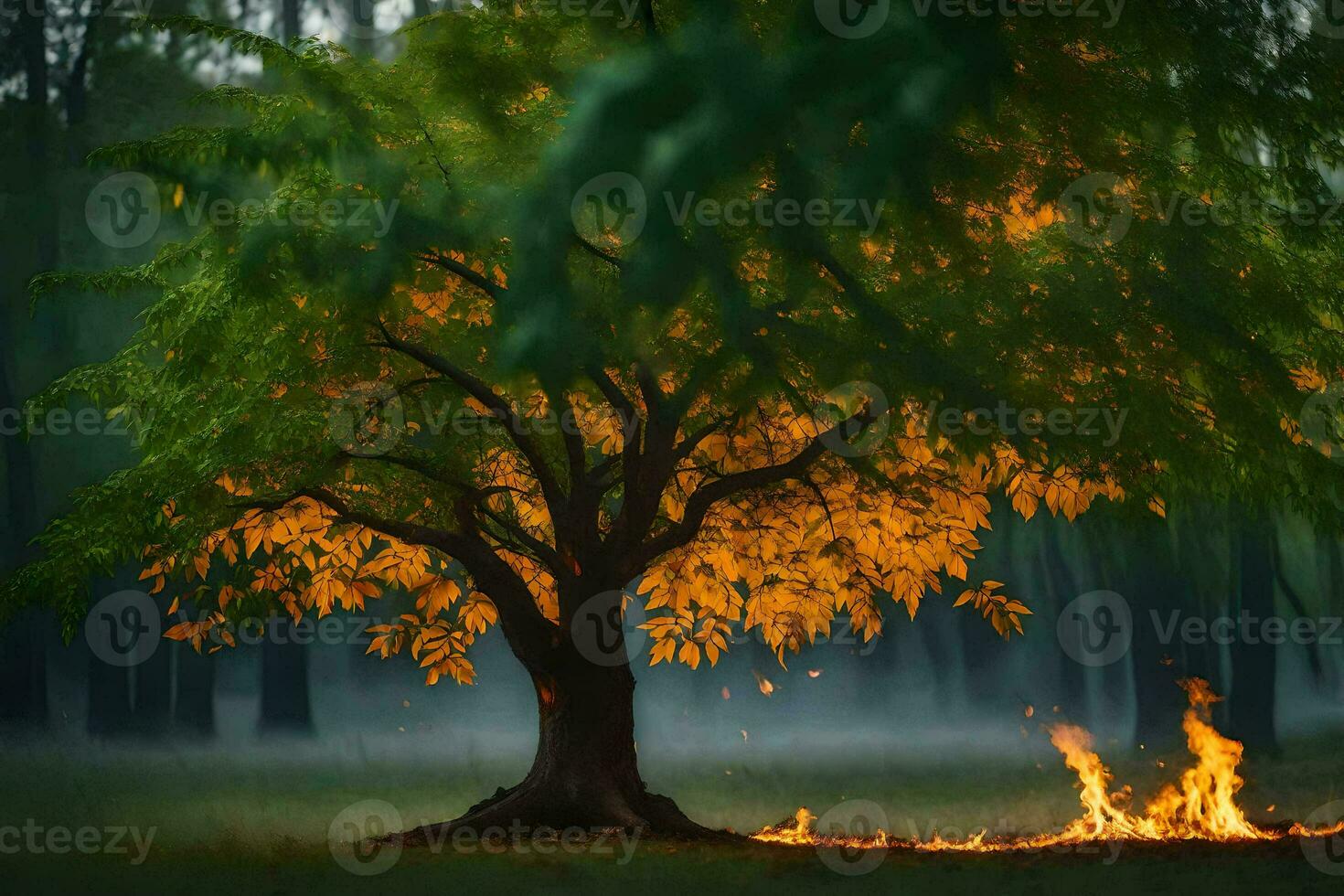 a tree with flames in the middle of the forest. AI-Generated photo