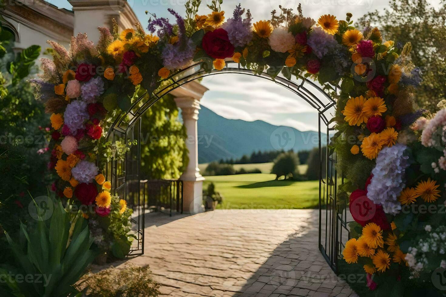a flower archway in front of a house with mountains in the background. AI-Generated photo