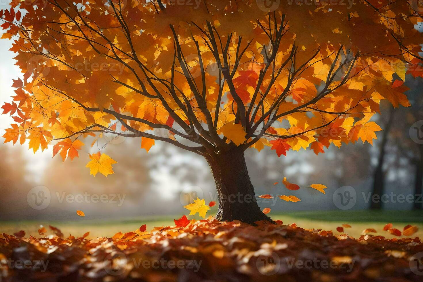 autumn leaves are falling from a tree in the sun. AI-Generated photo