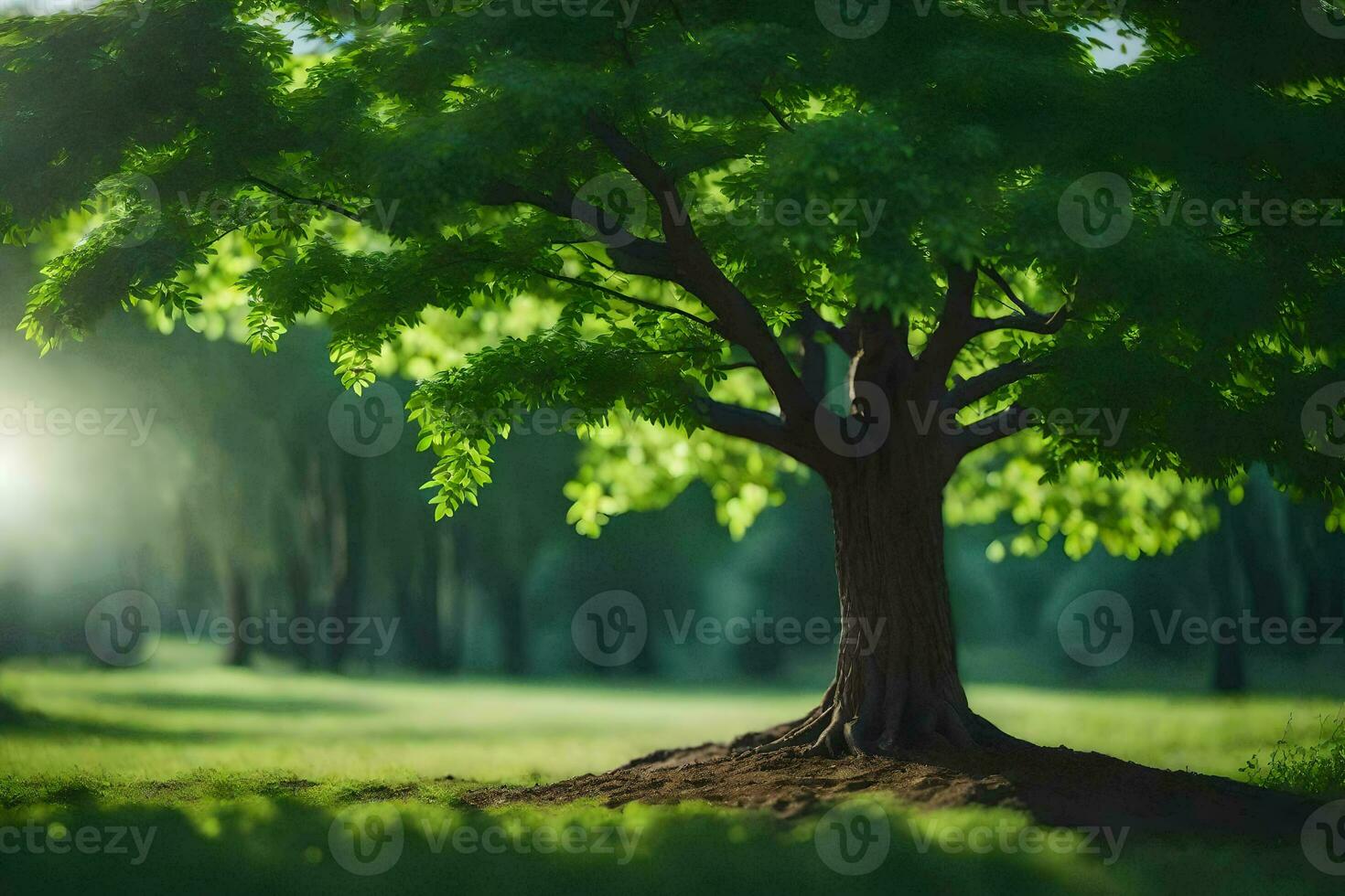 a tree in the middle of a green field. AI-Generated photo