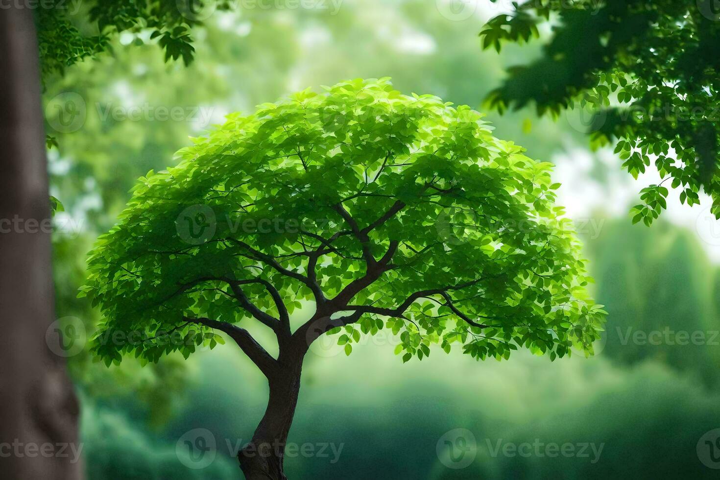 a tree is standing in the middle of a green field. AI-Generated photo