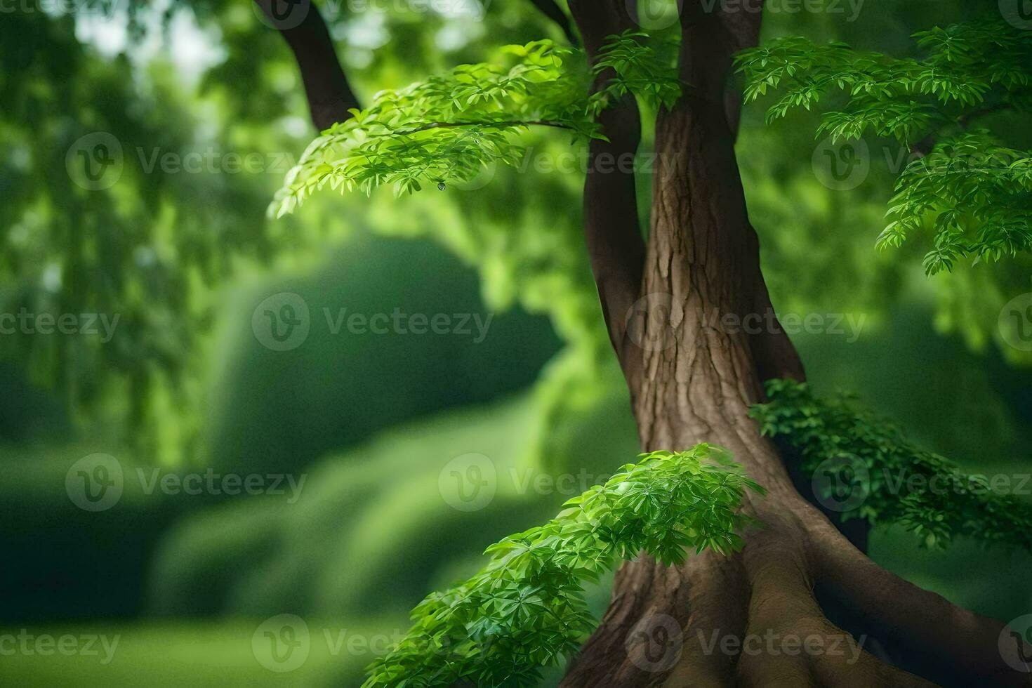 a tree with green leaves and roots in the middle of a field. AI-Generated photo