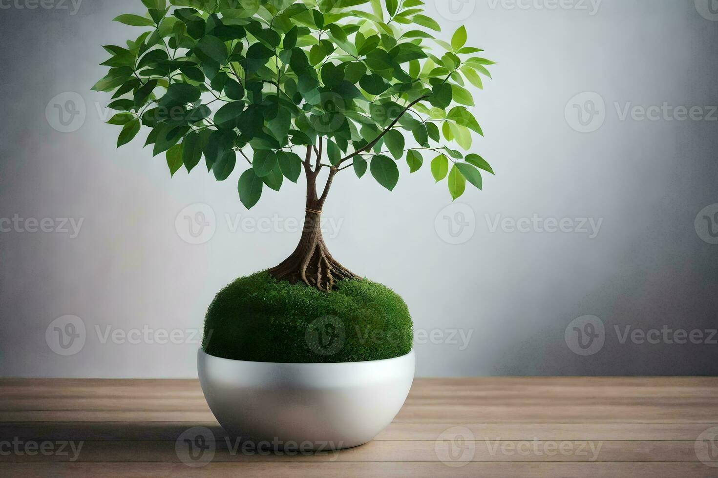 a small tree in a white pot on a table. AI-Generated photo