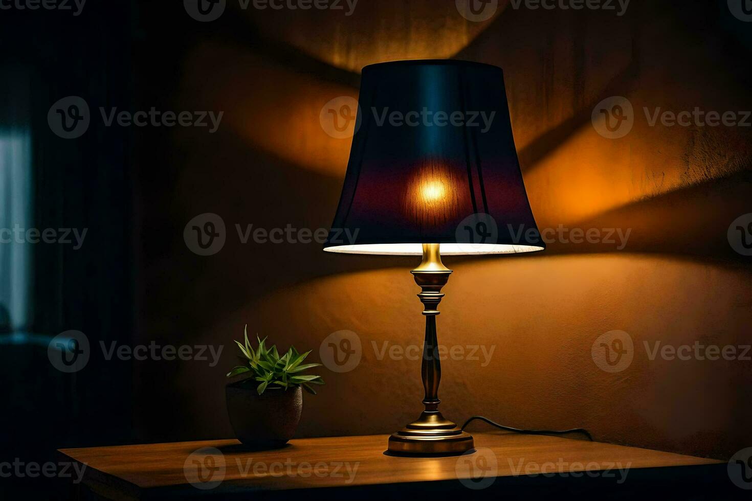 a lamp on a table in a dark room. AI-Generated photo