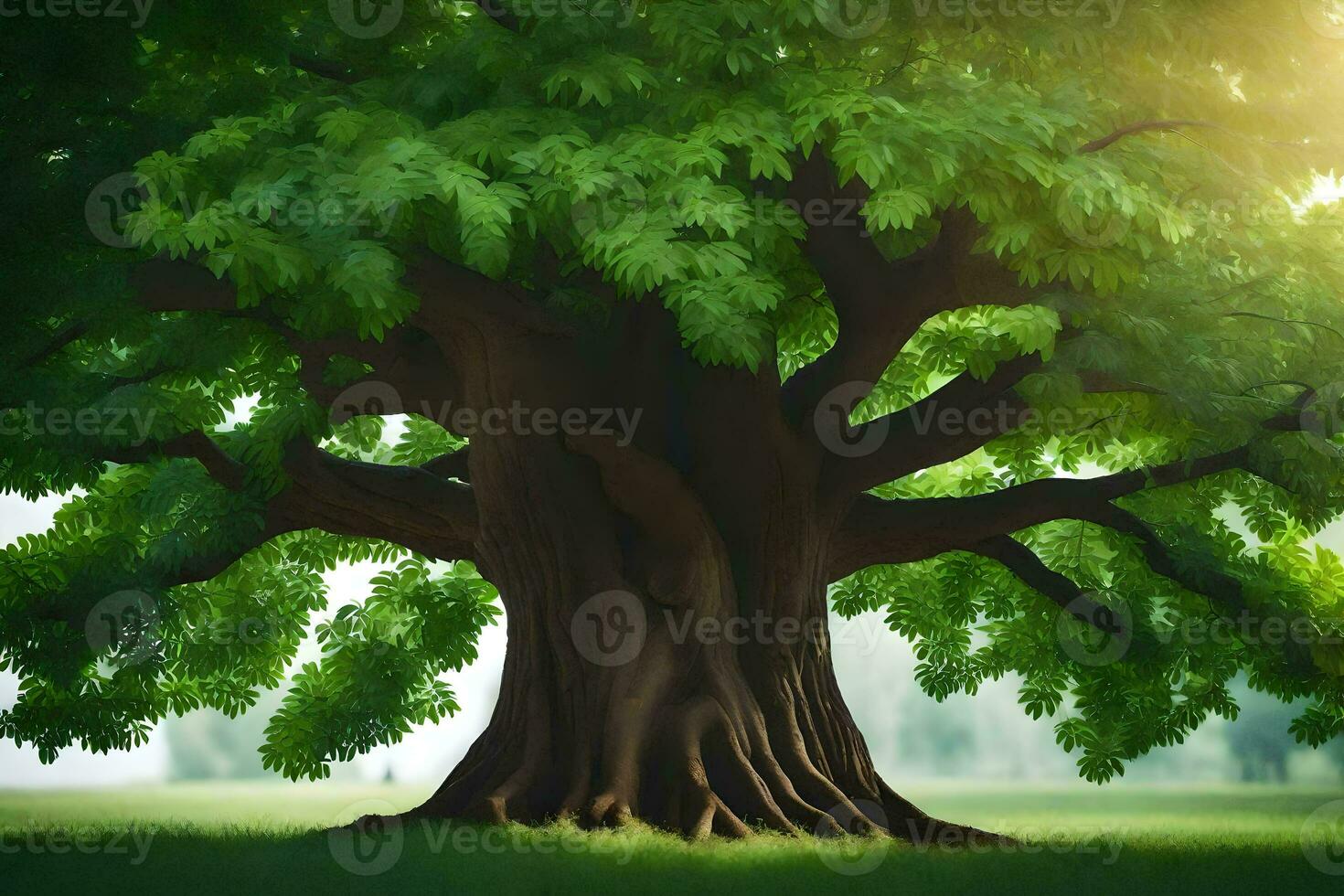 an image of a large tree in the grass. AI-Generated photo