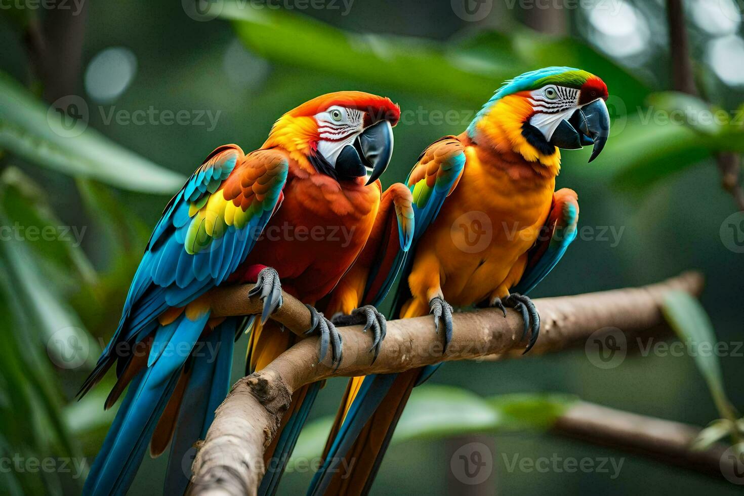 two colorful parrots sitting on a branch. AI-Generated photo