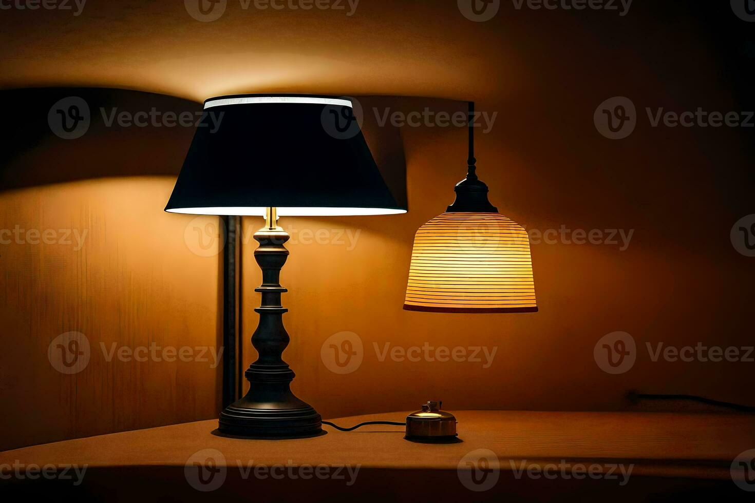 a lamp and a bell on a table in the dark. AI-Generated photo