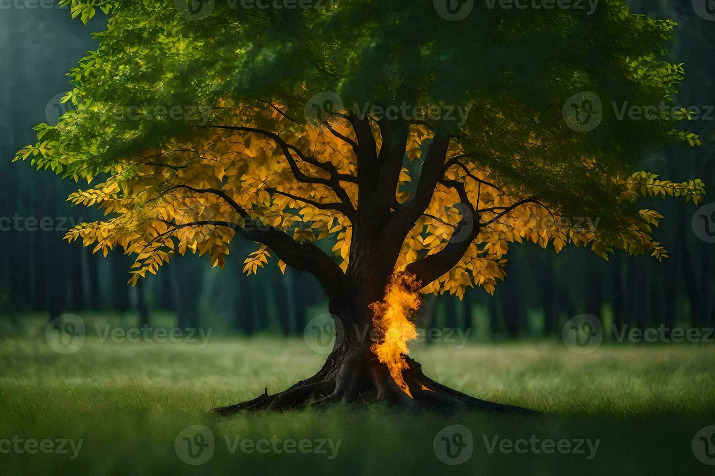 a tree with flames coming out of it in the middle of a field. AI-Generated photo