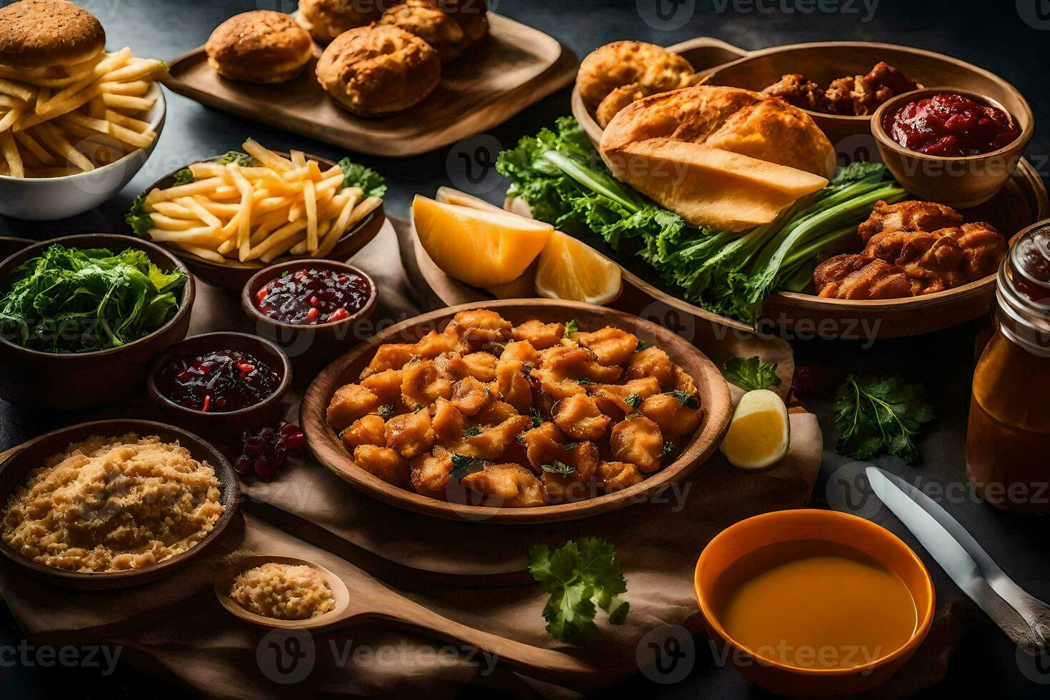 a variety of food on a wooden table. AI-Generated photo