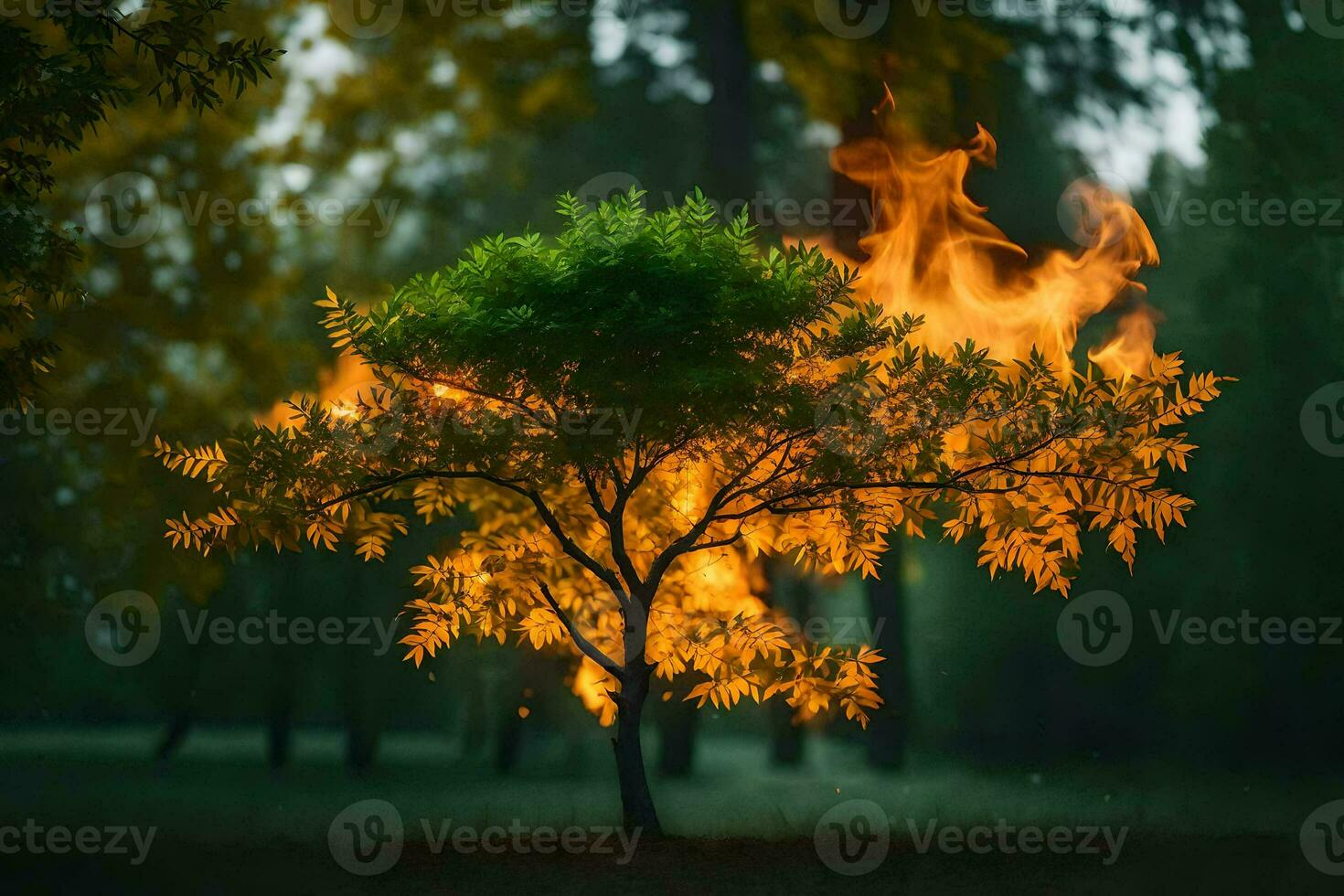a tree with flames coming out of it. AI-Generated photo