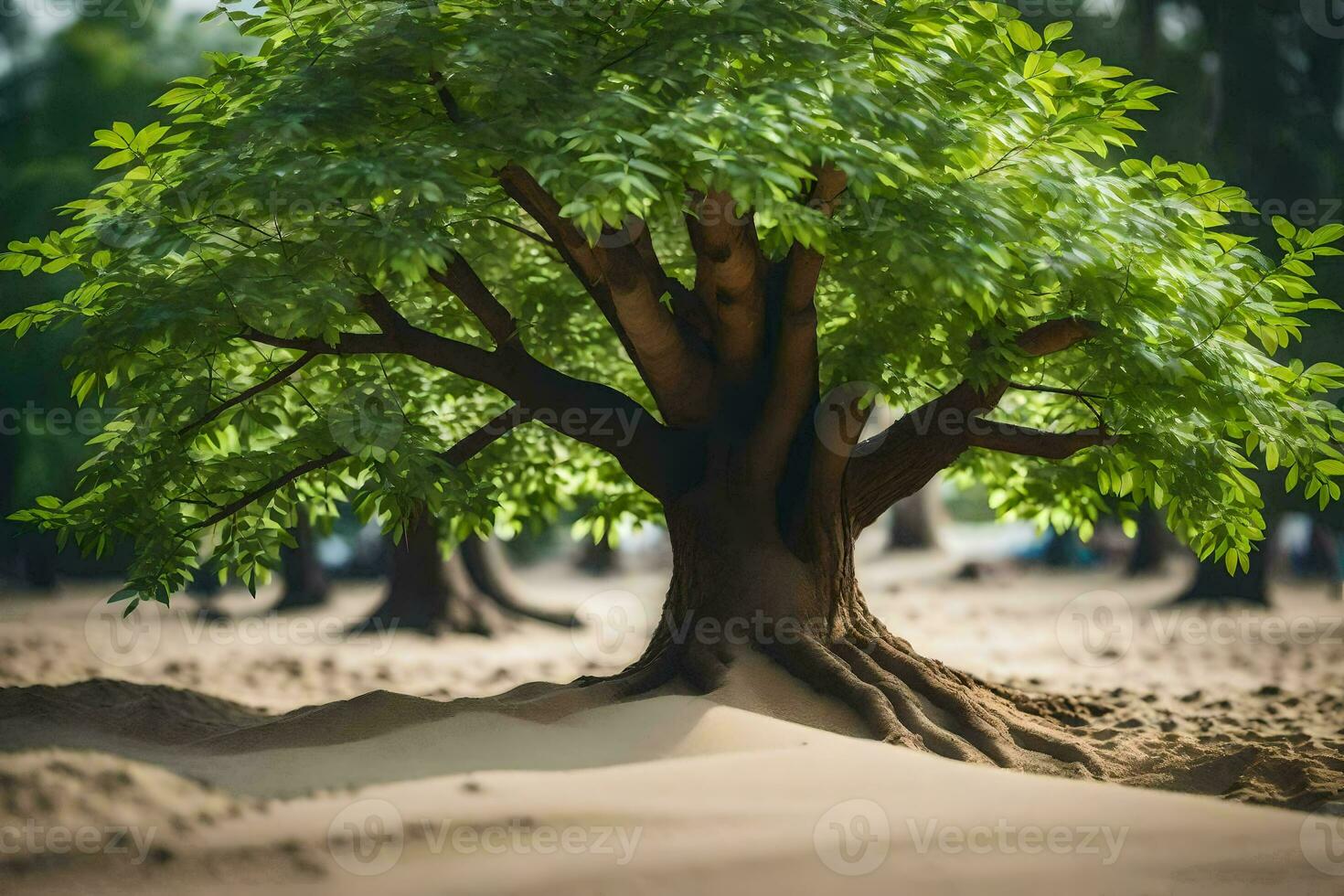 a tree is standing in the sand with its roots. AI-Generated photo
