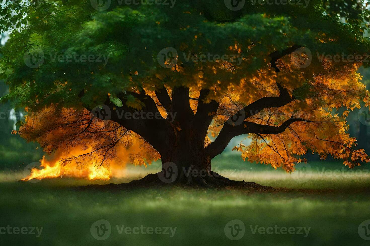 a tree with orange flames coming out of it. AI-Generated photo