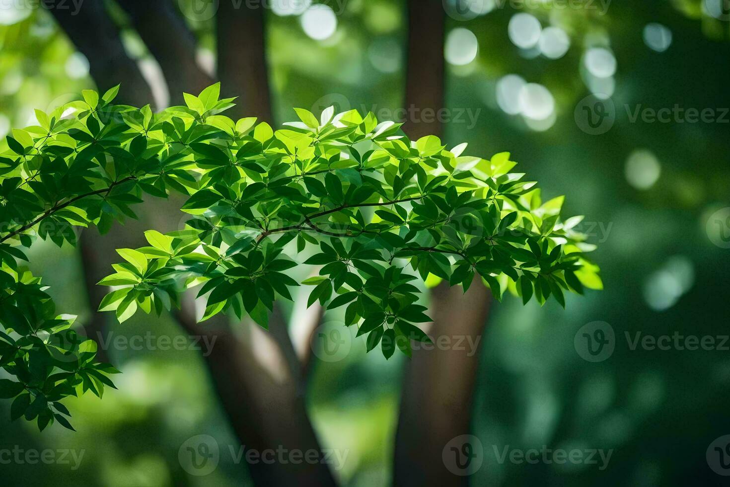 green leaves on a tree in the sunlight. AI-Generated photo