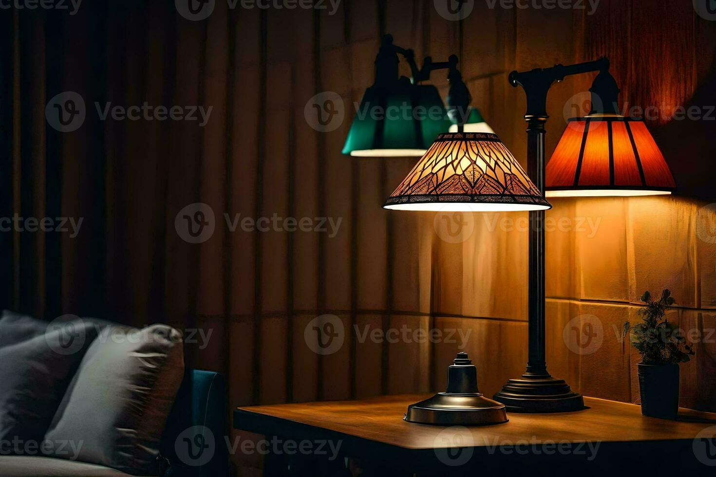Tres lamparas son en un mesa en frente de un sofá. generado por ai foto