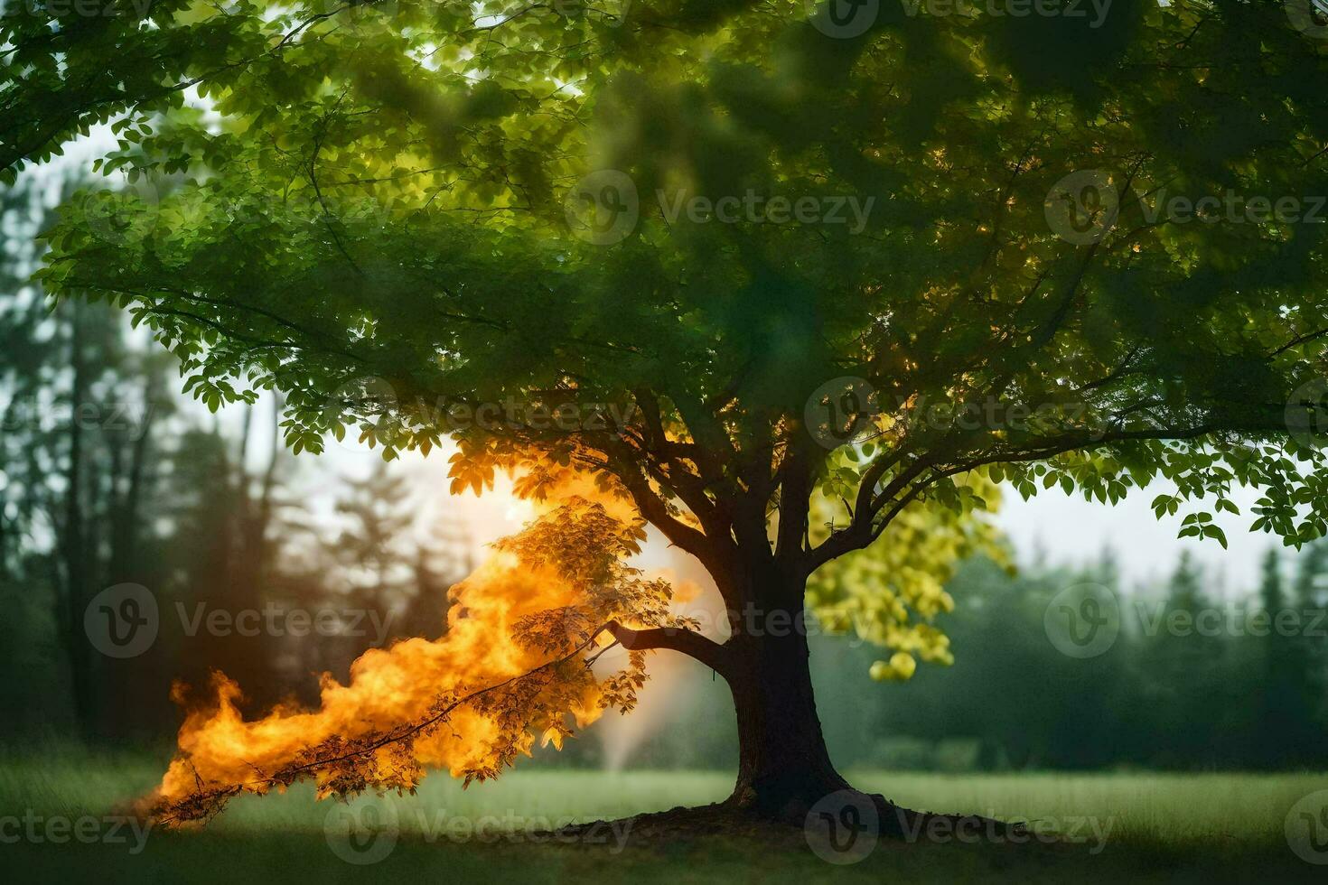 un árbol con llamas viniendo fuera de él. generado por ai foto