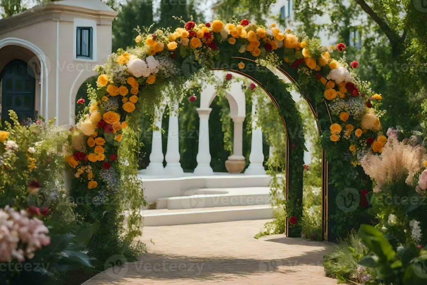 a wedding arch decorated with flowers and greenery. AI-Generated photo