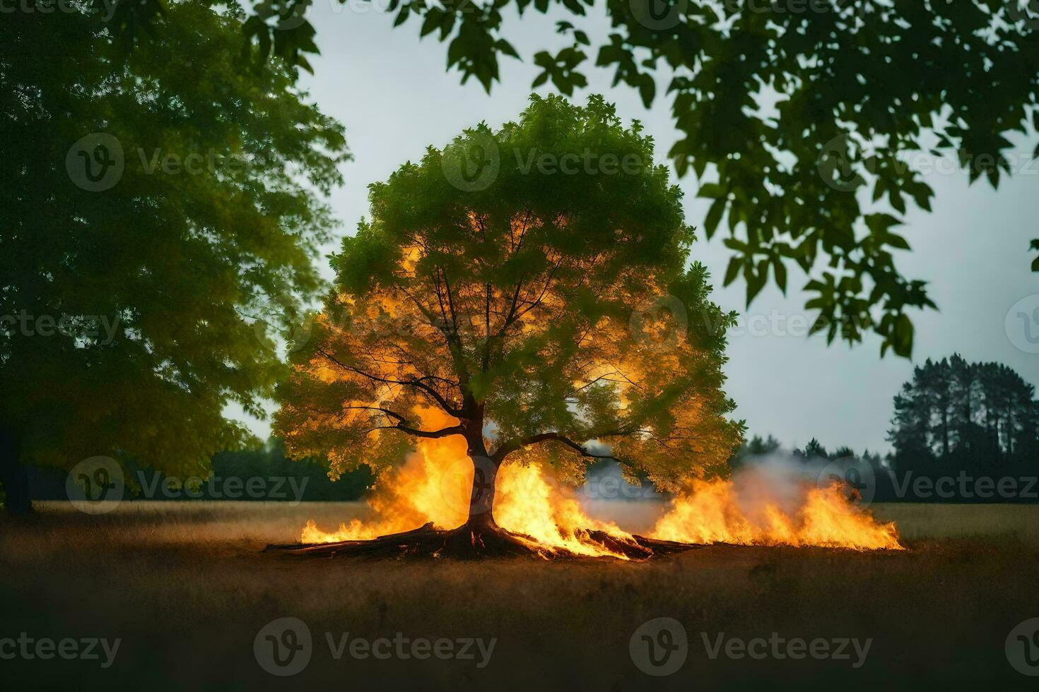 a tree is burning in the middle of a field. AI-Generated photo