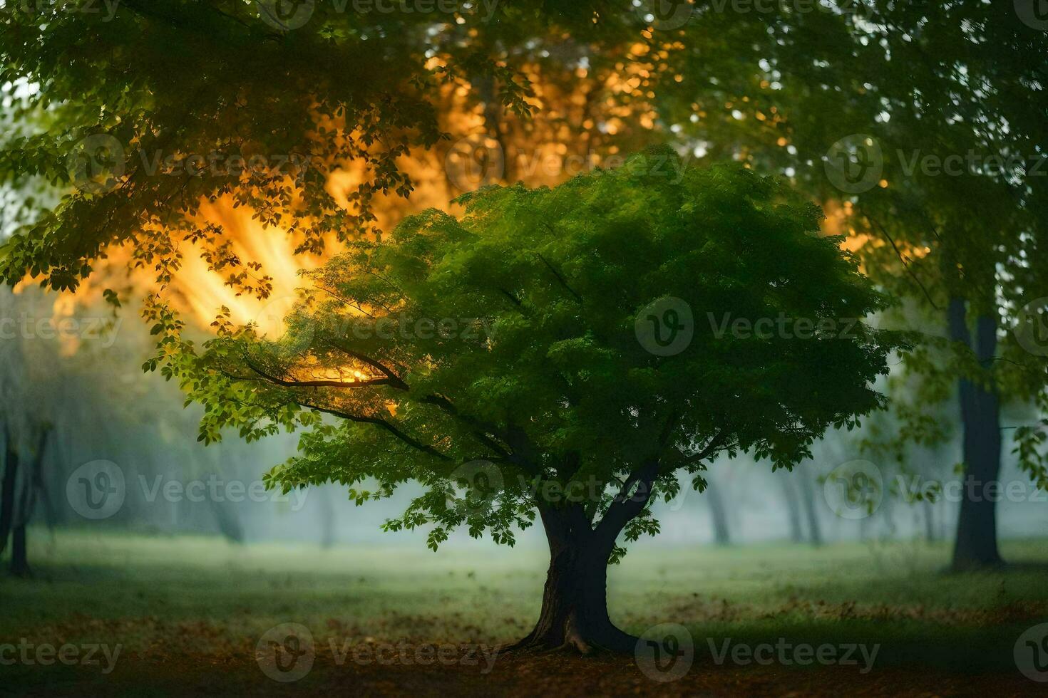 un árbol en el medio de un brumoso bosque. generado por ai foto