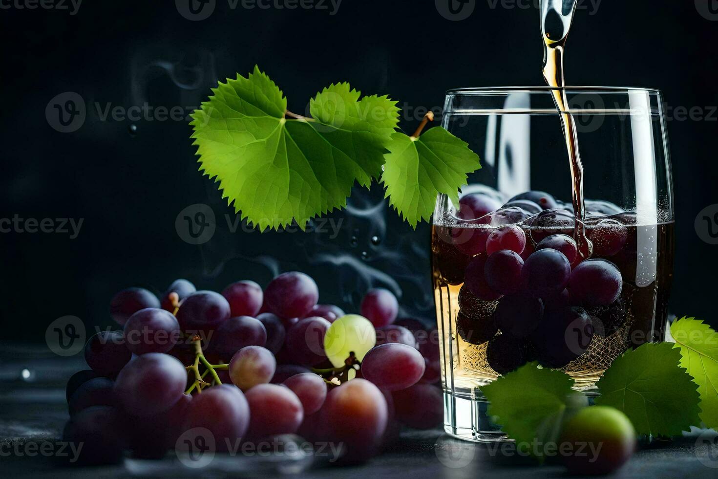 a glass of wine with grapes and leaves. AI-Generated photo