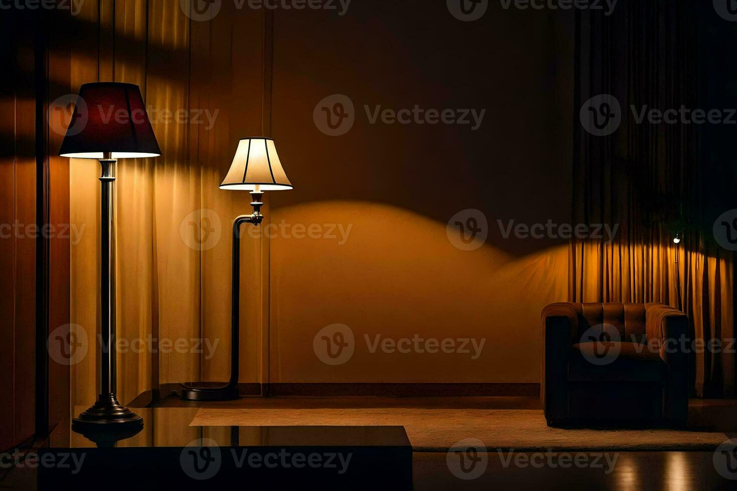 un oscuro habitación con dos lamparas y un silla. generado por ai foto