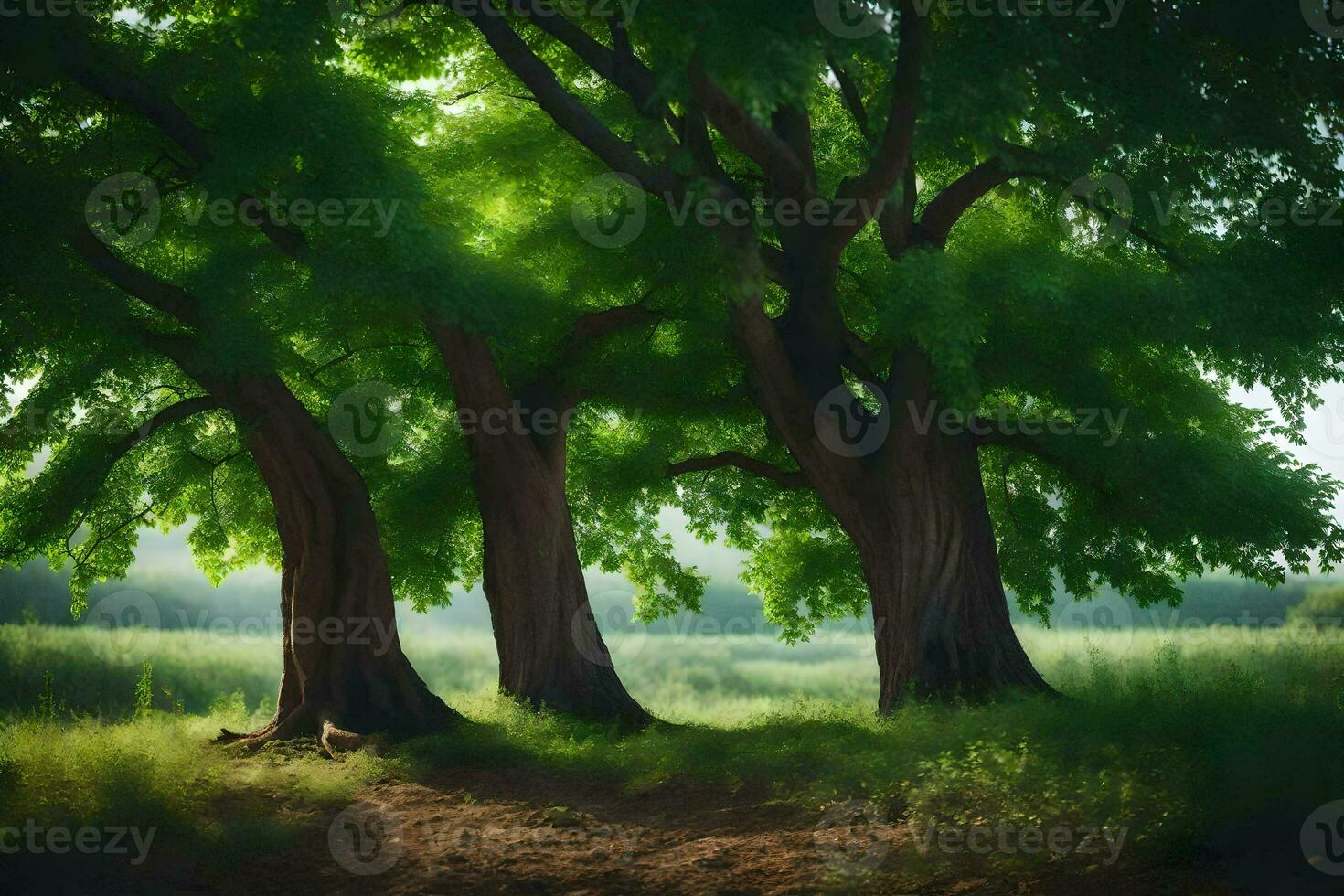 three trees in the middle of a field. AI-Generated photo