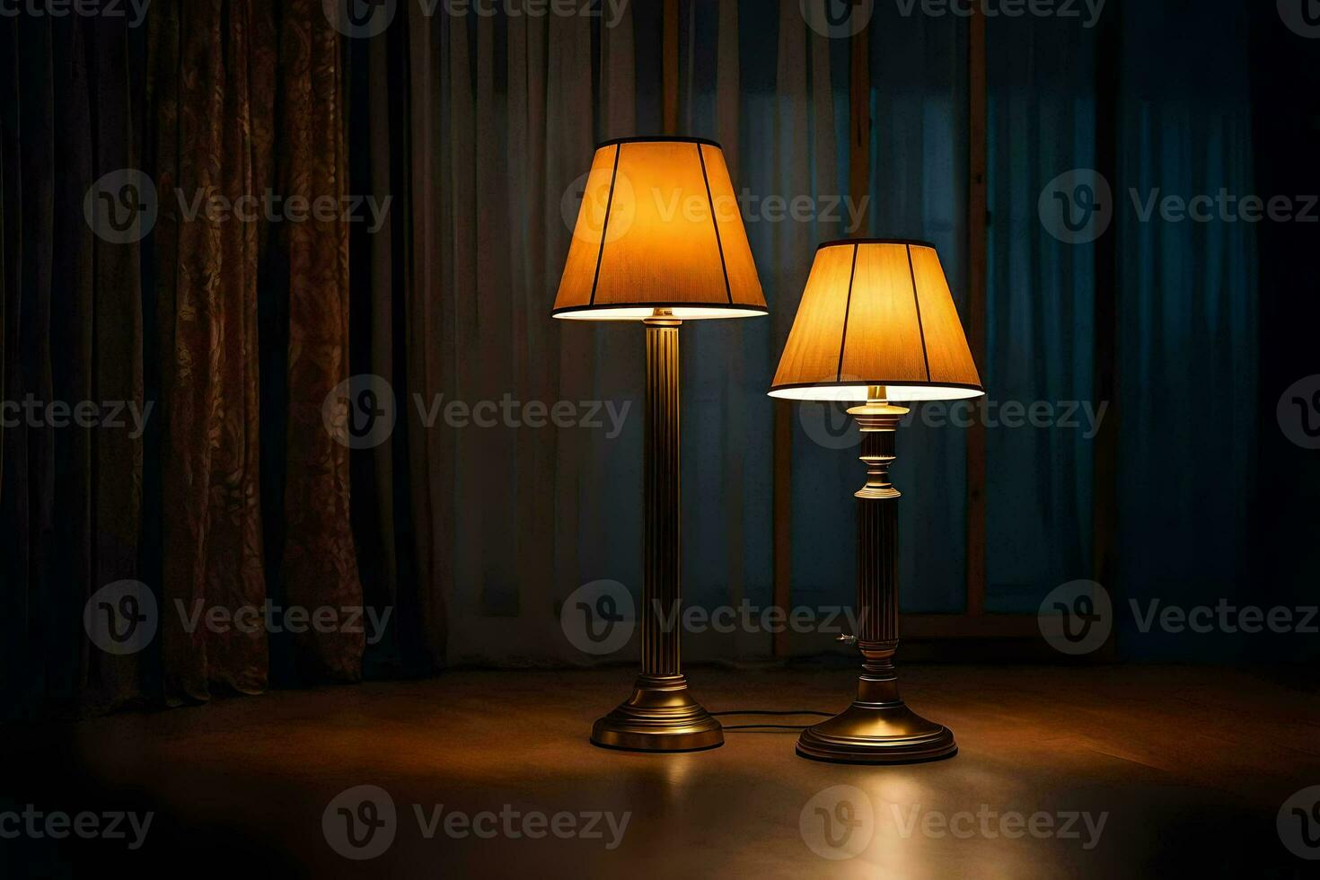 two lamps on a wooden floor in front of a curtain. AI-Generated photo