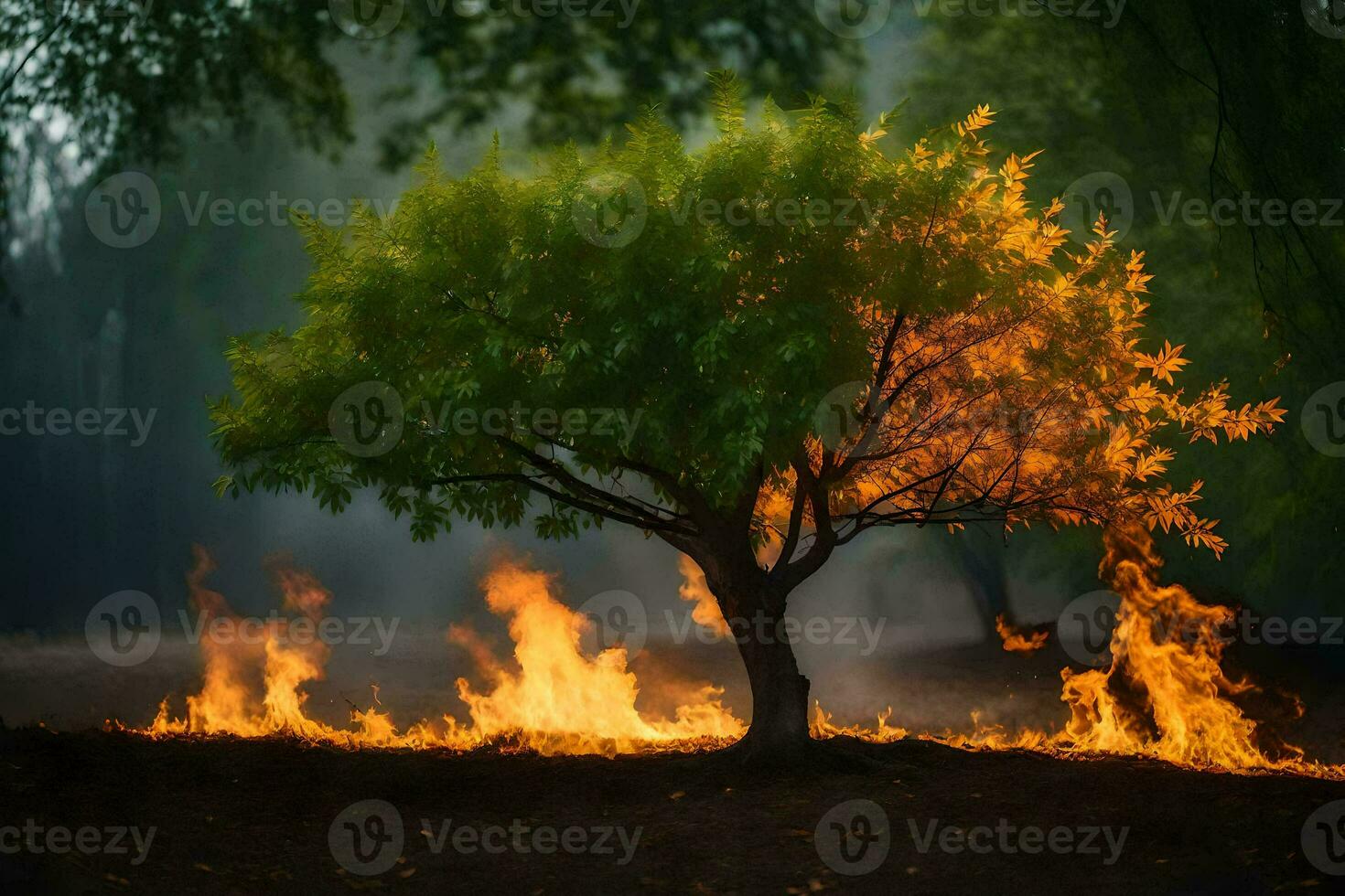 a tree is burning in the middle of a field. AI-Generated photo