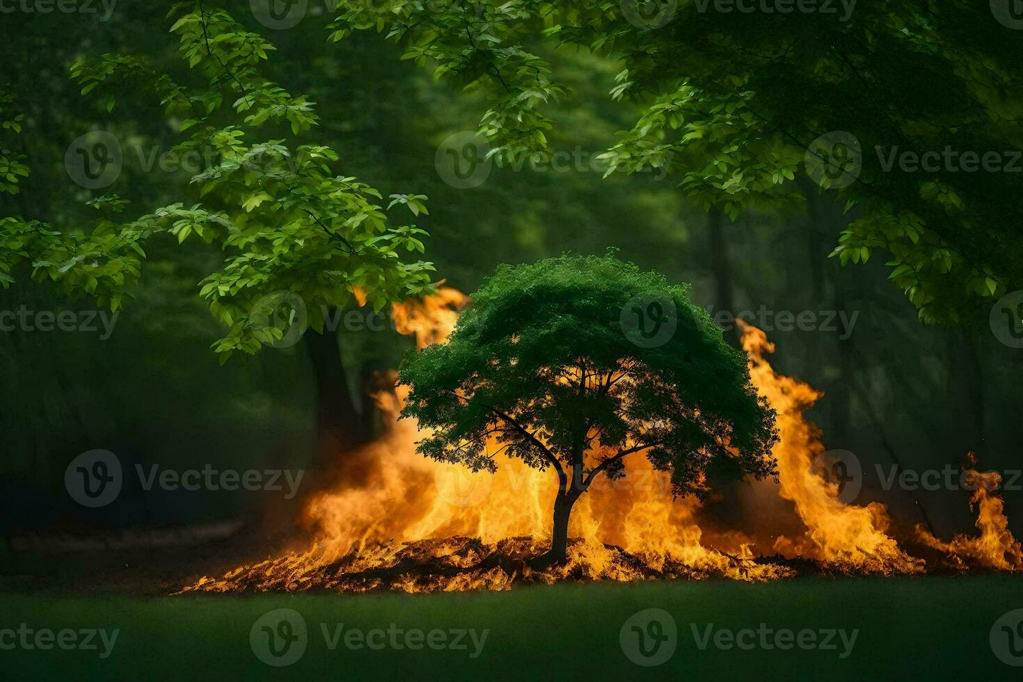a tree is burning in the middle of a forest. AI-Generated photo