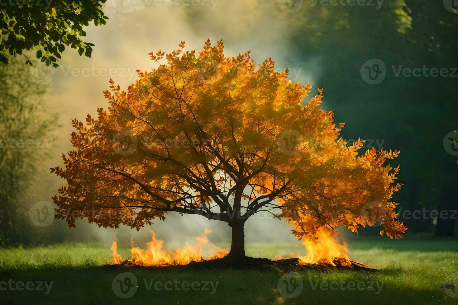 a tree with flames coming out of it in the middle of a field. AI-Generated photo