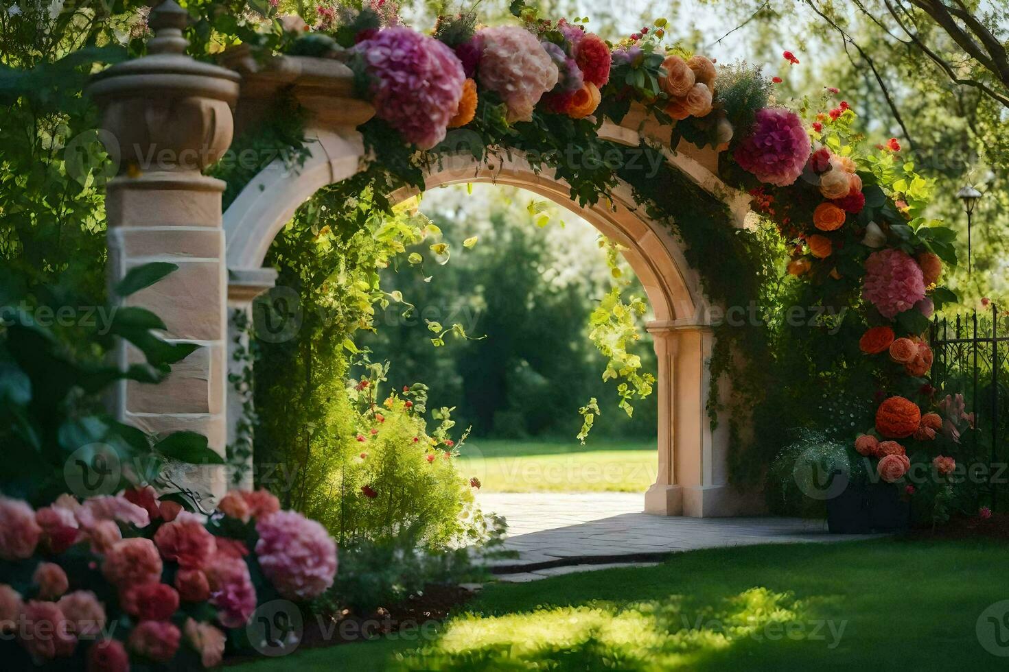 an archway with flowers and greenery in the background. AI-Generated photo