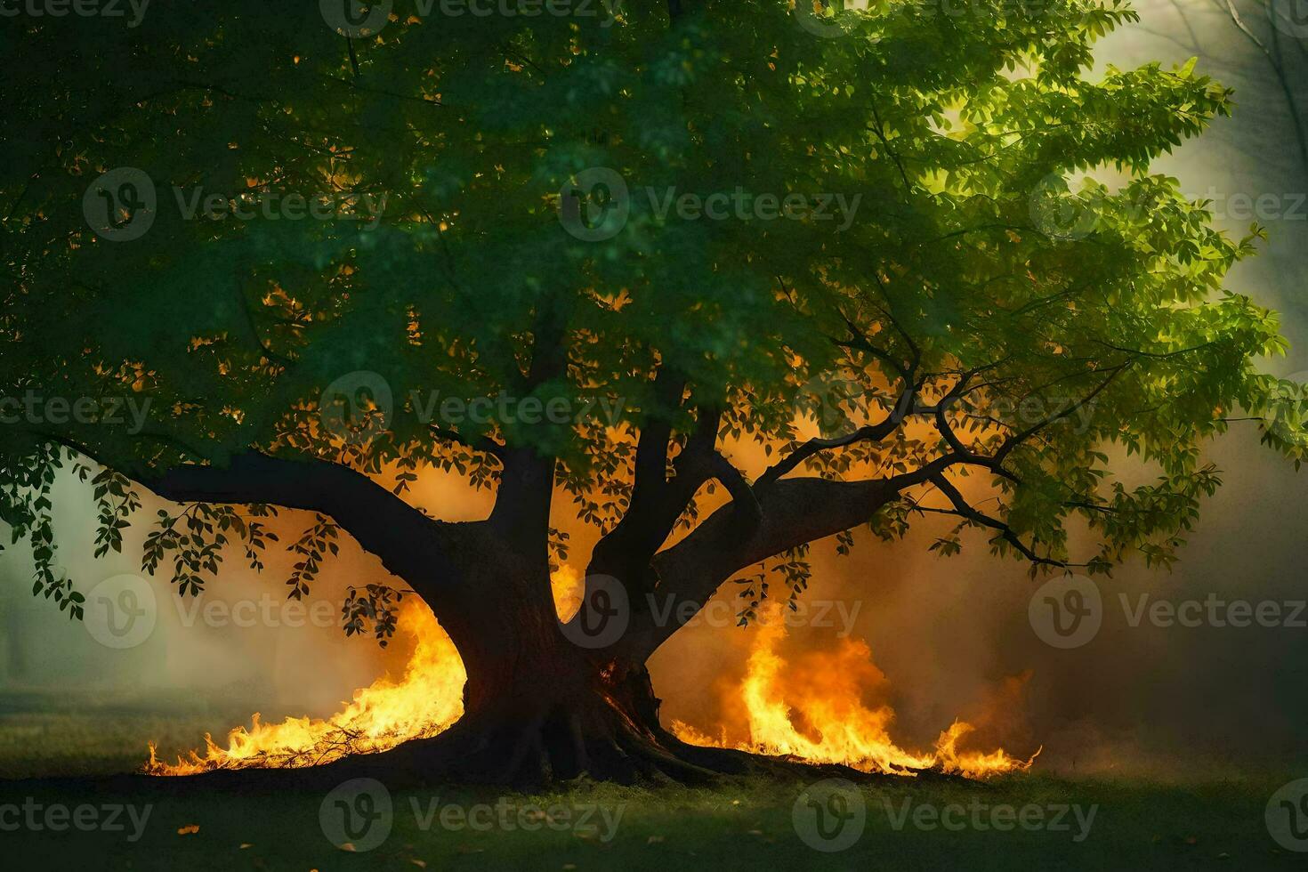 a tree with flames coming out of it in the middle of the forest. AI-Generated photo