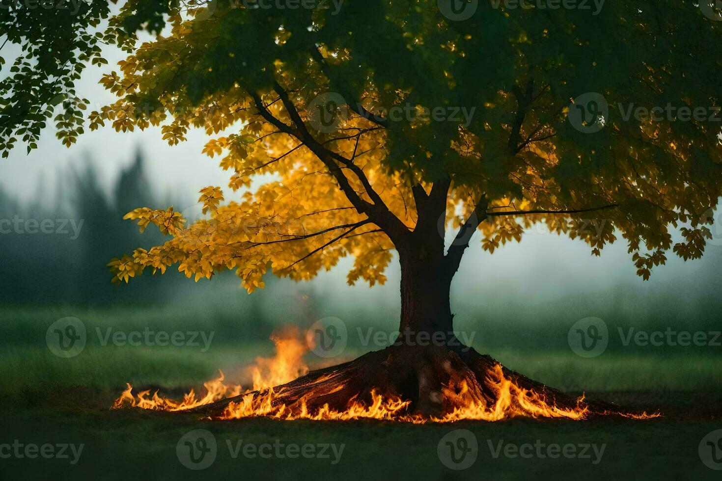 a tree with flames around it in the middle of a field. AI-Generated photo