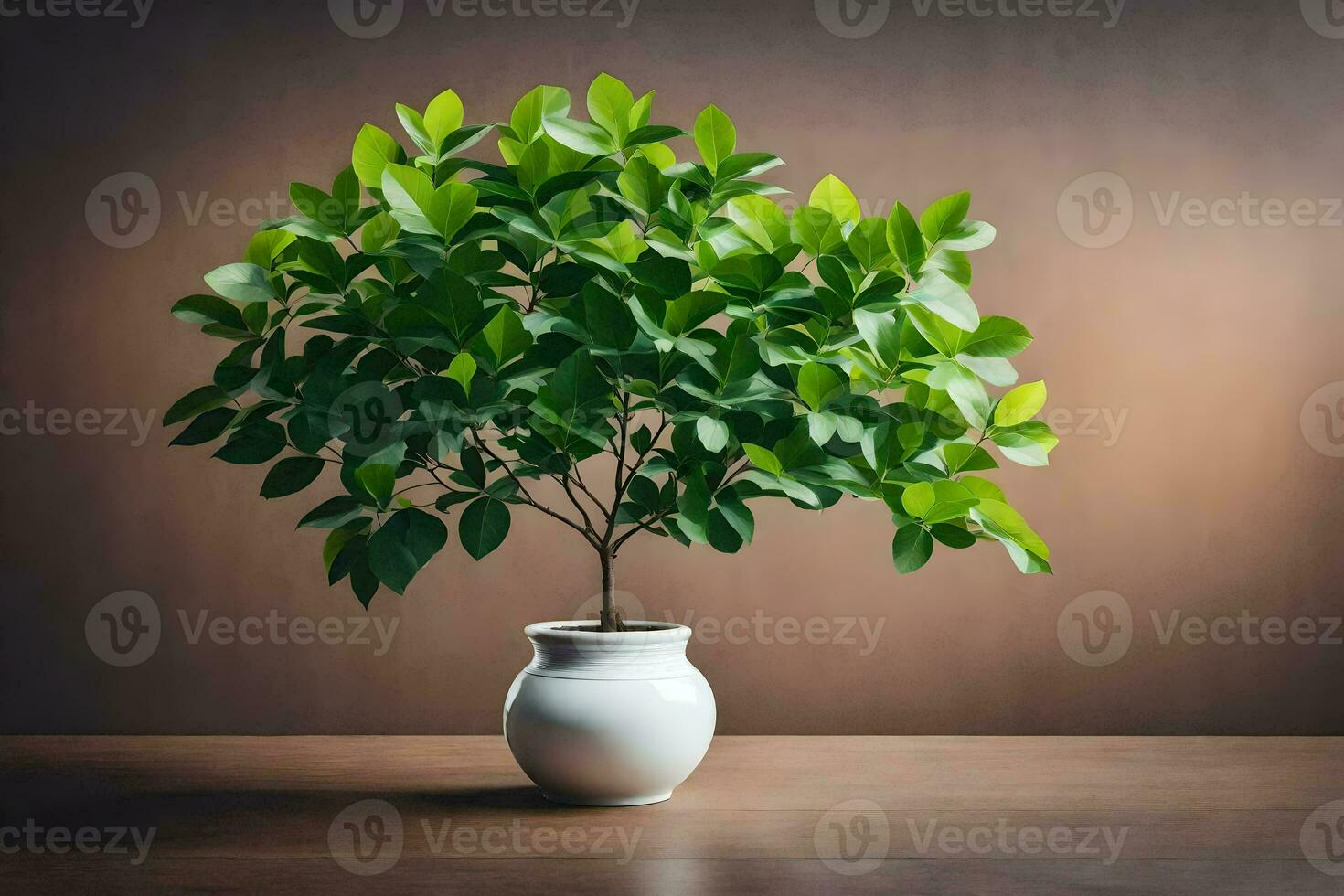 a small potted plant in a white vase on a table. AI-Generated photo