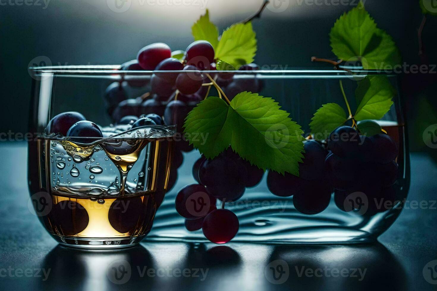 a glass of wine with grapes and leaves. AI-Generated photo