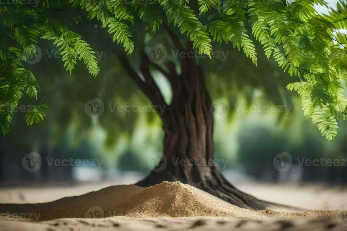 a tree is sitting on top of a sand dune. AI-Generated photo
