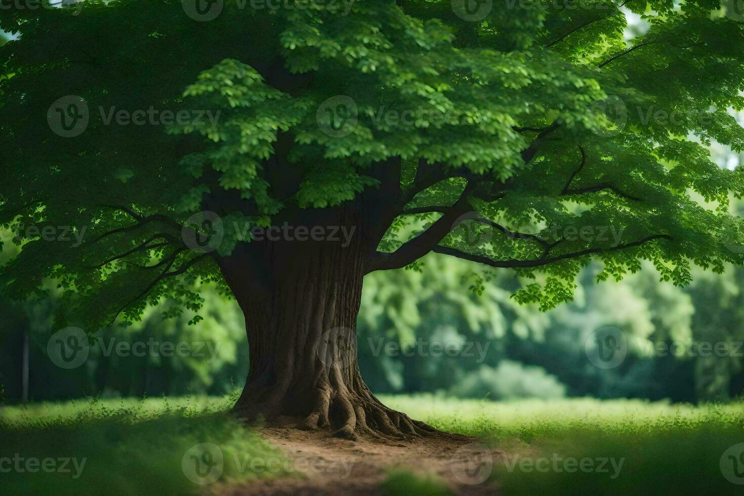 a tree is standing in the middle of a field. AI-Generated photo