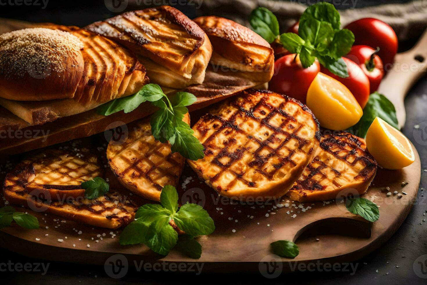 grilled cheese sandwiches on a wooden cutting board. AI-Generated photo