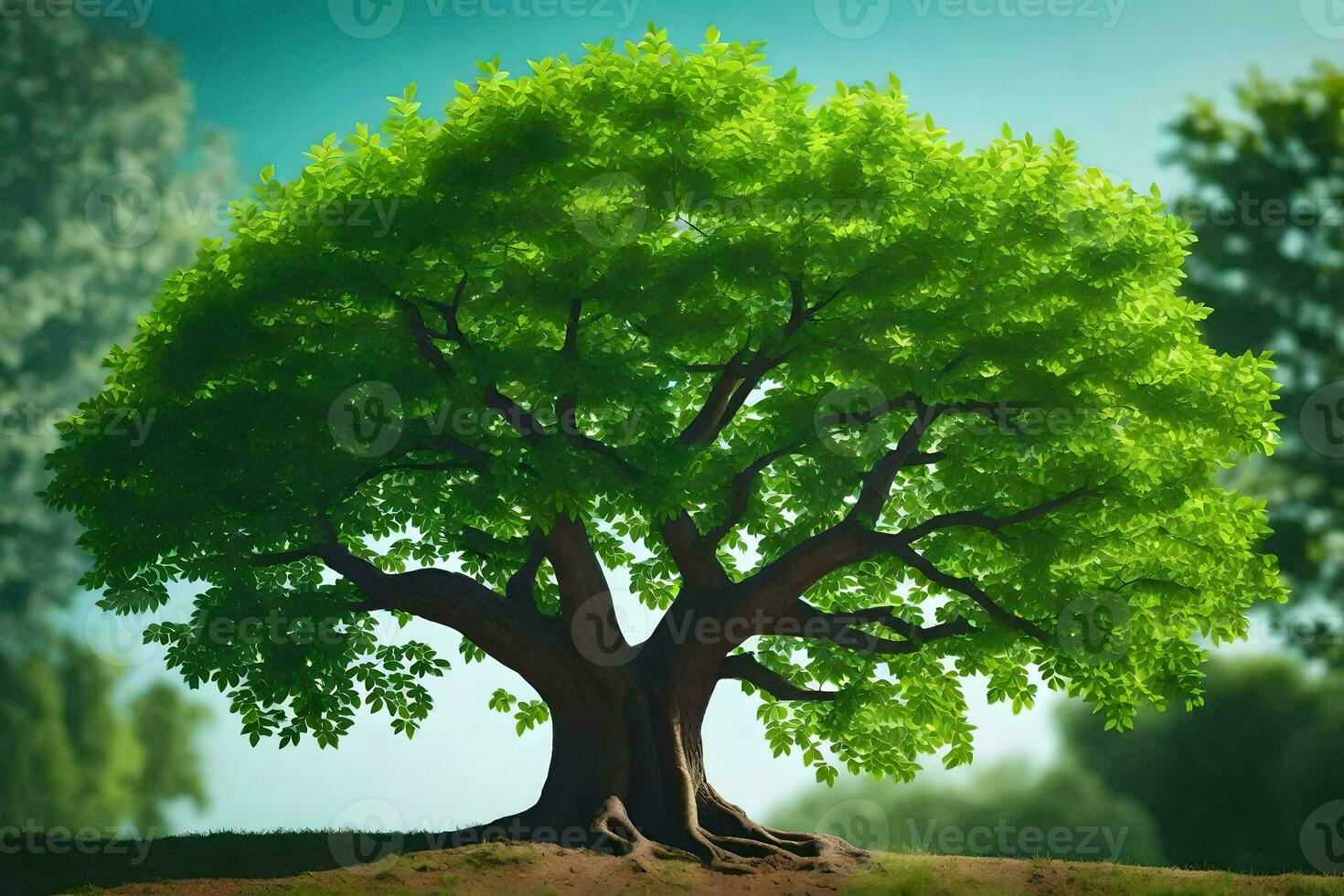 un árbol es mostrado en un campo con verde hojas. generado por ai foto