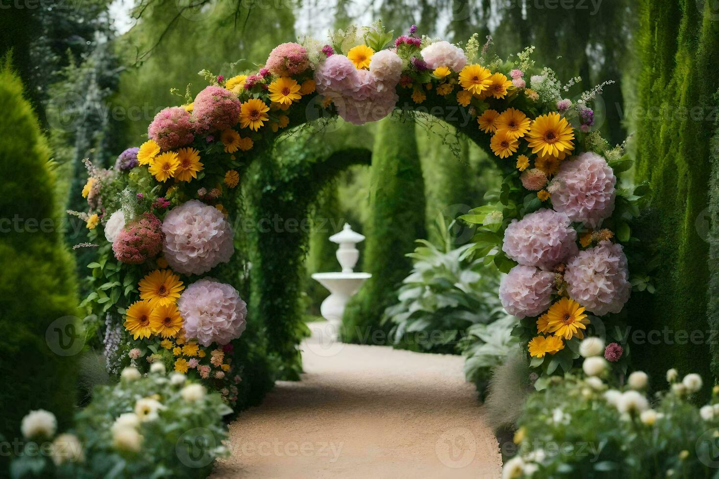 a flower archway in a garden. AI-Generated photo