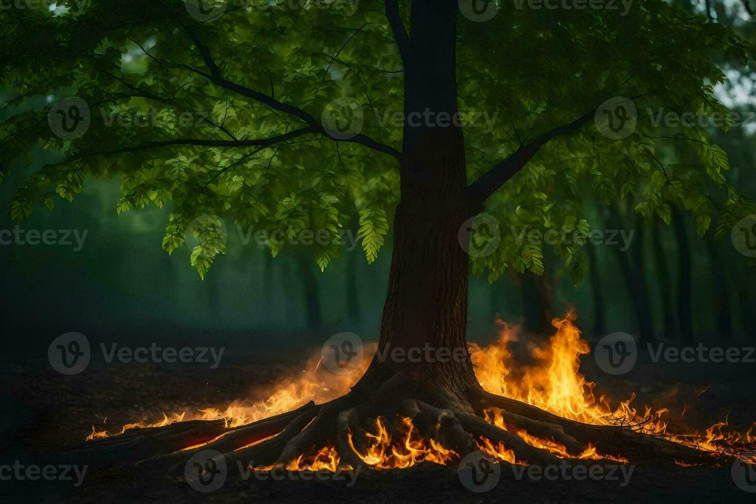 a tree with fire coming out of it in the middle of a forest. AI-Generated photo