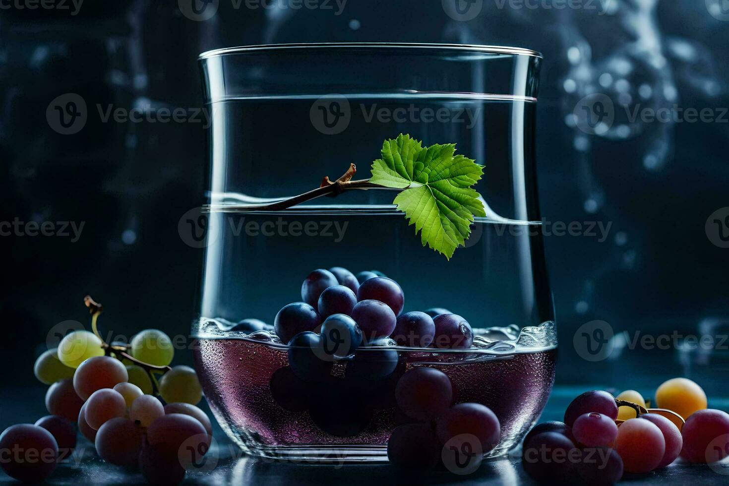 a glass of wine with grapes and leaves. AI-Generated photo