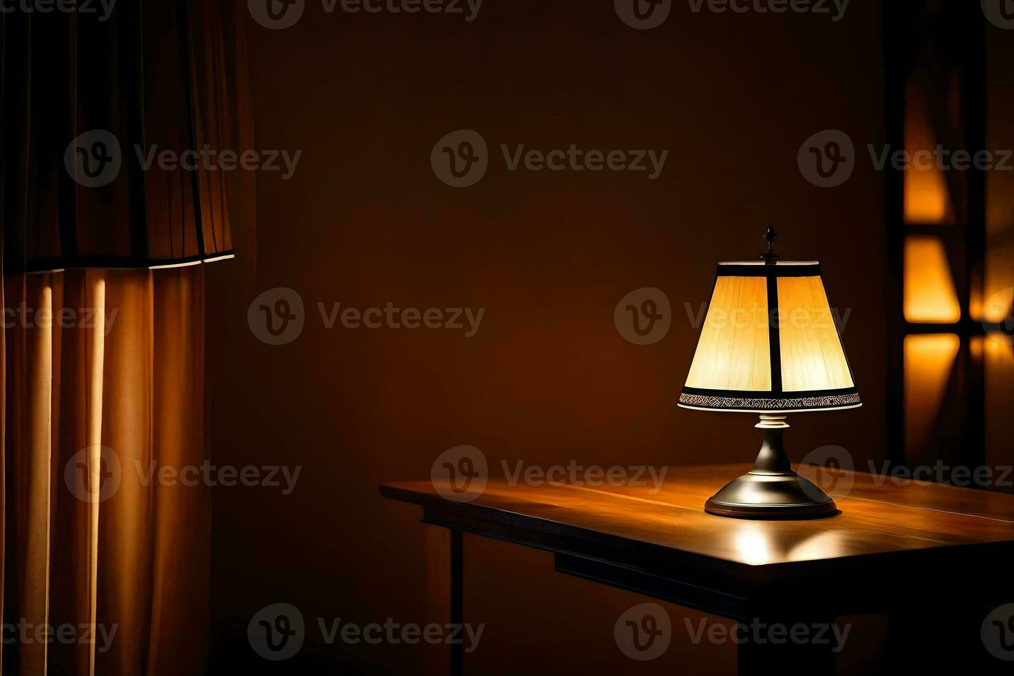 a lamp on a table in front of a curtain. AI-Generated photo