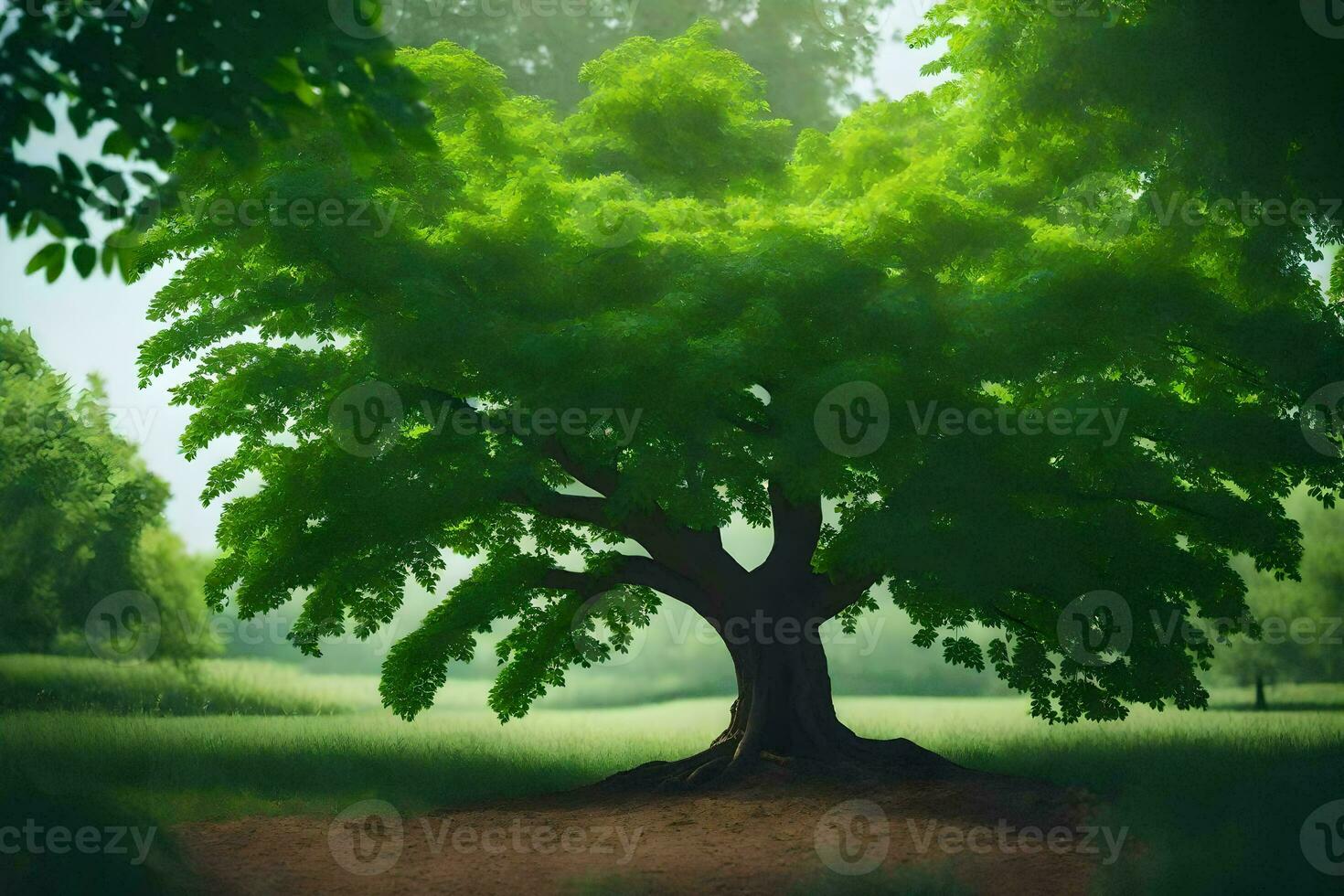 un árbol en el medio de un campo. generado por ai foto